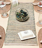 Chardin home Natural Jute Table Runner 13x36 Inch – Vintage Boho Rustic Table Decor – Handwoven Table Runner in Natural Jute and Green – Farmhouse Dining or Console Table Accent