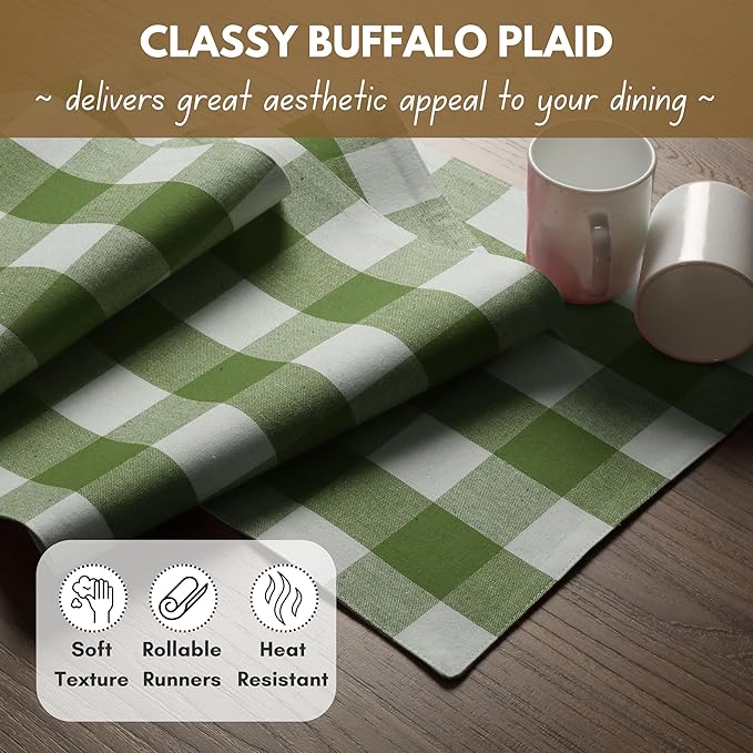 Native Fab Table Runner Buffalo Check Plaid 100% Cotton - 13x72 Inches Kitchen Dining Table Decoration for Indoor Outdoor Farmhouse Home Party Decor - Mint Green and White