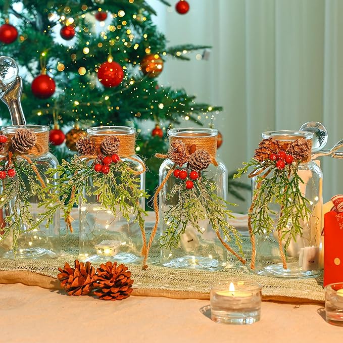 Set of 6 Xmas Decor Vases Christmas Centerpieces for Tables Farmhouse Holiday Table Decor Clear Glass Vases with Twine Ties for Christmas Decorations