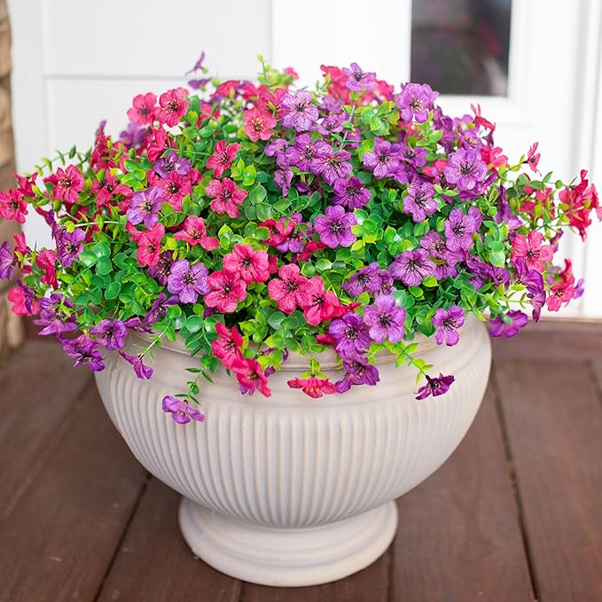 HyeFlora Artificial Flowers for Outdoor Indoor Garden Home Decoration, Faux Flower Daisy with Eucalyptus Leaves Fake Plants Greenery Boxwood Porch Patio, 12 Bundles (Purple Pink)