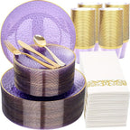 Rubtlamp 350 Pcs Clear Purple Plastic Plates, Gold Plastic Dinnerware Set (50 Guests), Purple Disposable Plates With Gold Rim, Hammered Party Plates Set for Wedding And Party