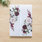 PONATIA 50 PCS Vellum Jackets for 5x7 Invitations- 135gsm Burgundy Floral Printed Vellum Sleeves, Quinceanera Wedding Invitation Cards Wraps