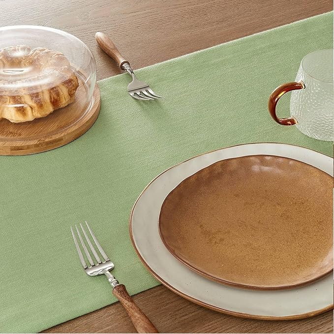 ZeeMart Linen Textured Border Table Runner, 14 x 60 Inch Green, Farmhouse Style Sage Green Table Runners 60 Inches Long, Easy Care Everyday Polyester Table Runner