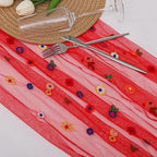 BINBE 1pcs Daisy Fall Table Runner Embroidery Gauze 10FT Florals Seasonal Tulle Holiday Birthday Kitchen Dining Table Decor for Home Party Red