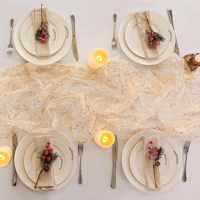 Snowkingdom 6Pcs 10 Ft Gold Table Runners, Sheer Chiffon Tulle Cheesecloth Golden Sequin Glitter Metallic Foil, Gold Party Table Decoration Centerpiece for Wedding Birthday Anniversary Christmas