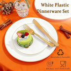 Festiva 350Pcs Gold Plastic Plates - White and Gold Dinnerware Set Disposable include 10" & 7" Plates,Cups,Silverware,Napkins -serve 50 Guests Perfect for Wedding& Birthday &Summer Party