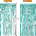 4 Pack 3.3 ft x 6.6 ft Wavy Aqua Teal Blue Tinsel Foil Fringe Curtains Backdrop - Wave Metallic Foil Curtains for Wedding Girl Princess Bachelorette Euphoria Theme Party Decoration