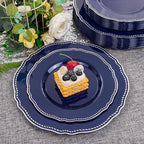 Hioasis 60pcs Blue Plastic Plates - Blue and Silver Disposable Dinnerware with Gold Rim, Heavy-duty, 7.5 inch, Dessert Plates for Party & Wedding
