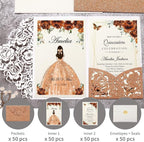 DORIS HOME 50pcs Laser Cut Quinceanera Invitations Terracotta Glitter, 4.7x7.1 Personalized Quince Invitations for 15th Birthday, Invitation cards for Sweet 16 with Envelopes