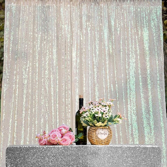 JYFLZQ White Iridescent Sequin Backdrop Curtains 2ft x 8ft 2 Panel Glitter Photo Booth Backdrops Sparkly Photography Background Drapes for Parties Wedding Bridal Showers