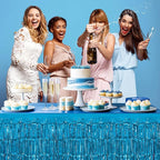 2 Pack Light Blue Lake Blue Table Skirts, 29x108" Metallic Foil Tinsel Fringe Table Skirt for Rectangle Tables Streamer Curtains Backdrop, Party Decorations for Birthdays, Weddings, Holidays
