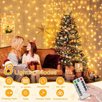 Ollny Curtain Lights 6.6x6.6ft, 200 LED String Lights with Remote 8 Modes Dimmable Timer, USB Power Fairy Light for Bedroom Backdrop Indoor Wall Window Wedding Decor, Warm White