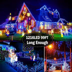 Christmas Lights Outdoor Decorations 1216 LED 99ft 8 Modes Curtain Fairy String Light with 228 Drops, Clear Wire LED String Light Indoor Decor for Wedding Party Holiday Christmas Decoration Blue