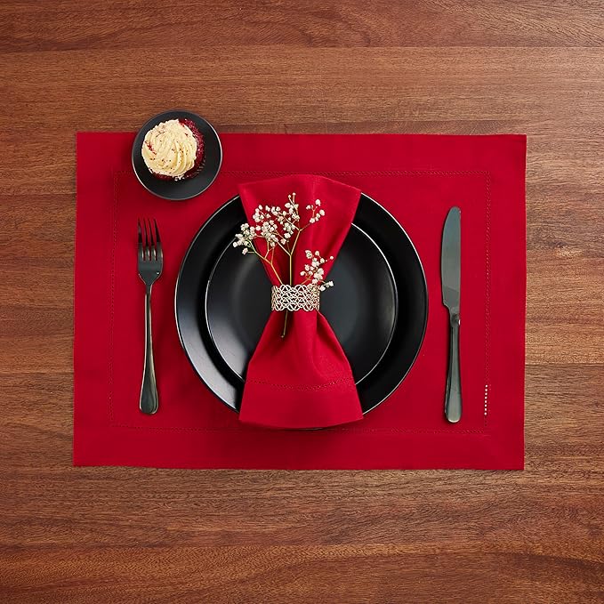 Cotton Linen Placemats Set of 4 – Hemstitch Red Cloth Placemats 14 x 19 Inch – Washable Fabric for Dining, Fall, Halloween, Thanksgiving, Spring, Summer, Wedding, Everyday Décor – Serena