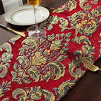 Burgundy Chenille Table Runner Embellished Jacquard with Gold Flower 13"x98" Christmas Deluxe Decor