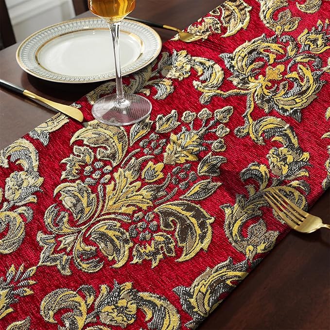 Embroidered Jacquard Elegant Table Runners 72 inches Long Chenille with Tassels - Red