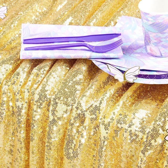 QueenDream 90x132inch Rectangle Sparkly Gold Sequin Tablecloth Wedding Glitter Tablecloth for Birthday Party Decor