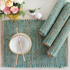 Chardin Home Natural Jute & Aqua Turquoise Placemats, Set of 4 – Rustic Handmade Boho Table Mats, 13x19 in Dining Table Placemats - Kitchen, Everyday Meals, Holidays, Farmhouse or Modern Table Décor