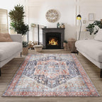 Bloom Rugs Washable Non-Slip 3' x 5' Rug - Terracotta/Blue Traditional Medallion Area Rug for Living Room, Bedroom, Dining Room, and Kitchen - Exact Size: 3' x 5'