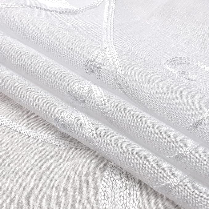 VISIONTEX White Sheer Voile Curtains, Decorative White Embroidery Faux Linen Rod Pocket Window Drapes for Home Kitchen, Living Room and Bedroom 54 x 108 Inch, Set of 2 Curtain Panels