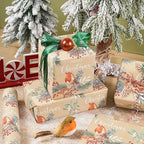 RUSPEPA Kraft Christmas Wrapping Paper Roll, Mini Roll, Vintage Bird on Pine Branch Design with Merry Christmas, Natural Scene Gift Wrap for Women, Friends, Family, Xmas Gifts, 17 Inches x 16.4 Feet