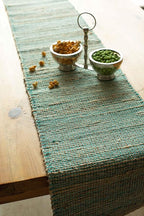 Chardin home Natural Jute Table Runner 13x90 Inch – Vintage Boho Rustic Table Decor – Handwoven Table Runner in Natural Jute and Aqua Turquoise – Farmhouse Dining or Console Table Accent