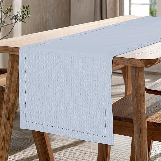 Ruvanti Linen Table Runner 90 Inches, Classic Hemstitch, Washable, Reusable, Non-Slipping, Stain Resistant- Perfect for Parties, Weddings, Dinners, Thanksgiving, Christmas, Indoor use – Arctic Ice