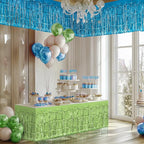 2 Pack Lake Blue Lime Green Table Skirts, 29x108" Metallic Foil Tinsel Fringe Table Skirt for Rectangle Tables Streamer Curtains Backdrop, Party Decorations for Birthdays, Weddings, Holidays