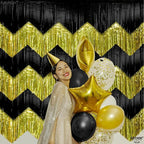 KatchOn, Black and Gold Fringe Backdrop Curtain - XtraLarge 6.6x1.7 Feet, Pack of 6 | Graduation Backdrop for Graduation Decorations 2025 | Fringe Curtain for Birthday Decorations | Prom Decorations