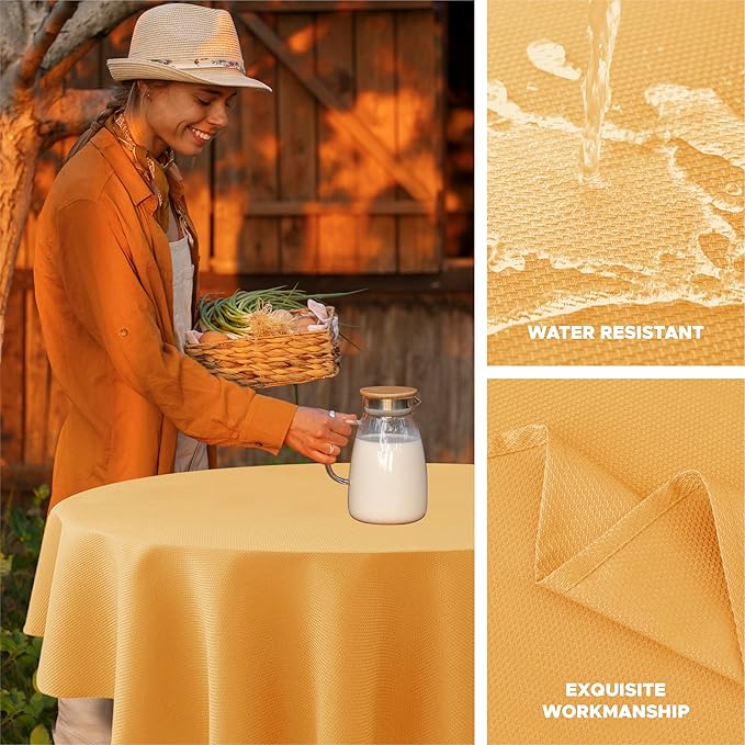 Biscaynebay Fall Tablecloth Textured Fabric Round Tablecloths 70", Fall Gold Thanksgiving Autumn Harvest Water Resistant Fabric Tablecloths for Kitchen, Dining, Wedding, Parties Machine Washable