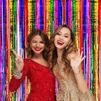 4 Pack 3.3x8.2 Feet Rainbow Foil Fringe Backdrop Curtains, Tinsel Streamers Birthday Party Decorations, Fringe Backdrop for Graduation, Baby Shower, Gender Reveal, Disco Party