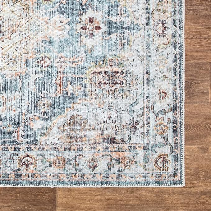 Bloom Rugs Washable Non-Slip 4' x 6' Rug - Teal/Peach Traditional Area Rug for Living Room, Bedroom, Dining Room, and Kitchen - Exact Size: 4' x 6'