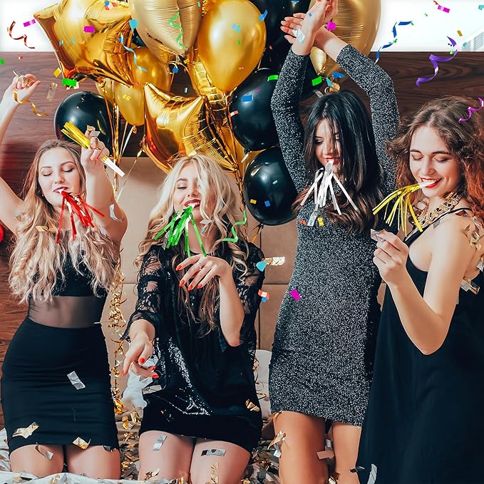 12 Pcs Glitter Noise Makers Metallic Fringed Party Blower for Adults Birthday Graduation New Years Party Favors Supplies (Gold and Silver)