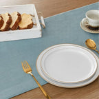 ZeeMart Linen Textured Border Table Runner, 14 x 108 Inch Blue, Farmhouse Style Dusty Blue Table Runners 108 Inches Long, Easy Care Everyday Polyester Table Runner