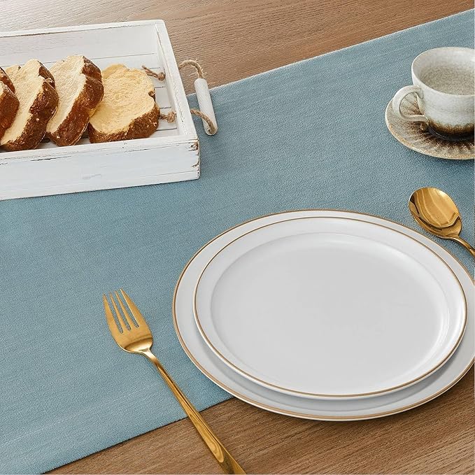 ZeeMart Linen Textured Border Table Runner, 14 x 108 Inch Blue, Farmhouse Style Dusty Blue Table Runners 108 Inches Long, Easy Care Everyday Polyester Table Runner