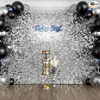 Qcity Silver Shimmer Wall Backdrop 48PCS, Black Back Not See-Through Design, Square Sequin Glitter Backdrop Panel, Perfect for Outdoor Events, Birthdays, Wedding and Party Decoration