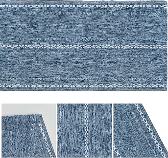 Artoid Mode Blue Rustic Cotton Linen Table Runner, Seasonal Embroidered Hollow Kitchen Dining Table Decoration for Home Party Decor 13x72 Inch