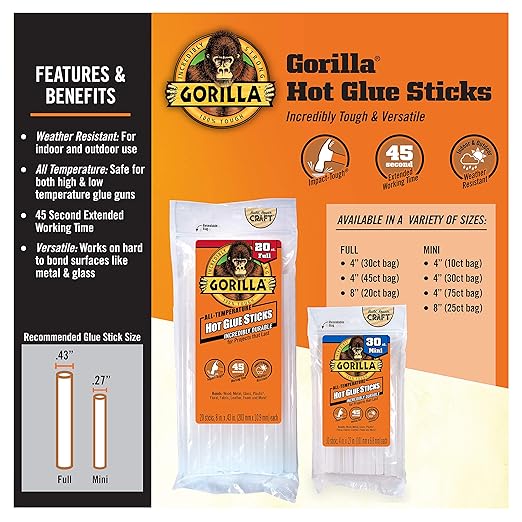 Gorilla Hot Glue Sticks, Clear Glue, Mini Size 8" Long x 0.27" Diameter, 25 Count (Pack of 1) - Safe for All Temperatures with Extended Working Time