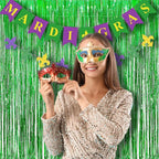 BRAVESHINE Green Metallic Tinsel Foil Fringe Curtains - 2 Pack 3.2 x 8.2 ft Metallic Photo Backdrop for Graduates-Theme/St Patricks Day/Hawaiian/Luau/Dinosaur/Jungle-Theme/Christmas Party Decorations