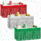 3 Pack Red Green Silver Table Skirts, 29x108" Metallic Foil Tinsel Fringe Table Skirt for Rectangle Tables Streamer Curtains Backdrop, Party Decorations for Birthdays, Weddings, Holidays