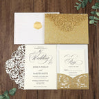 DORIS HOME 50pcs Laser Cut Wedding Invitation Pockets with Envelopes Gold Glitter, 5.12" x 7.12"Invitation Cards for Wedding, Anniversary (No Inserts Included)