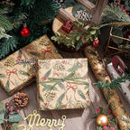 RUSPEPA Kraft Christmas Wrapping Paper Roll, Mini Roll, Pinecone and Greenery Design with Red Bow and Snowflake, Kraft Gift Wrap Paper for Christmas, Holiday, Winter Party, 17 Inches x 16.4 Feet