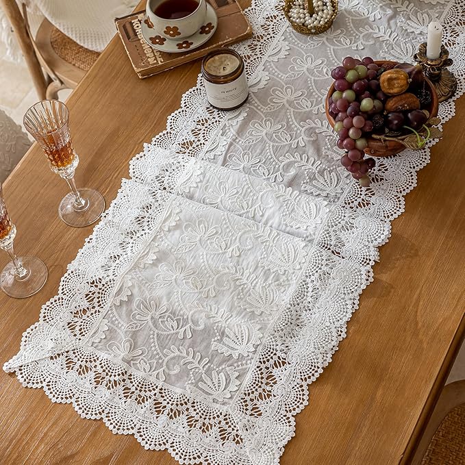 White Elegant Vintage Lace Table Runner,Wedding Lace Decor with Floral Embroidery,Tea Party Decor (White, 13.8X55 Inches)