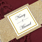 DORIS HOME 50PCS Laser Cut Wedding Invitations with Envelopes and RSVP Cards Personalized Inner With Gold Glitter Belly Band for Wedding Engagement Bridal Shower Party Invite 4.7x7 Inch Burgundy