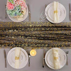 Snowkingdom 10 Pcs Black & Gold Cheesecloth Table Runner 10 FT, Sheer Chiffon Sparkle Gauze Mesh Runners 120 Inch, Glitter Table Centerpieces Decoration for Birthday Party Wedding Christmas Halloween