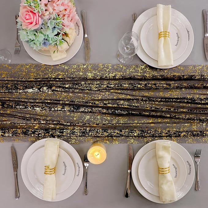 Snowkingdom Black and Gold Cheesecloth Table Runner 10 FT, Sheer Chiffon Sparkle Gauze Mesh Runners 120 Inch, Glitter Table Centerpieces Decoration for Birthday Party Wedding Christmas Halloween