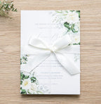 PONATIA 50 PCS Vellum Jackets for 5x7 Invitations- 135gsm White Floral Printed Vellum Sleeves, Quinceanera Wedding Invitation Cards Wraps, Green Flower Transparent Jacket