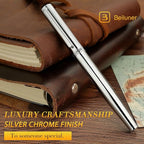 BEILUNER Silver Fountain Pen,Stunning Luxury Pens with Bright Silver Chrome, Gorgeous 24K Gilded Nib(Medium), Fancy Pen Gift for Men&Women -Ink Converter-Elegant, Office,Nice Pen for Writing