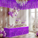 2 Pack Dark Purple Table Skirts, 29x108" Metallic Foil Tinsel Fringe Table Skirts for Rectangle Tables Streamer Curtains Backdrop, Party Decorations for Birthdays Weddings Holidays