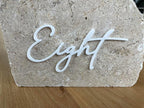 Cursive Wedding Table Number SET, DIY thin modern Black or White acrylic cutouts with silicone glue included. Words only, no backing (One - Twenty, Gloss White)